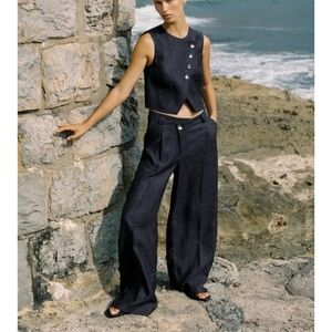 Zara 100% Linen Indigo Wide-Leg  Wrap Front Pants And Pleats Detail Sz-S